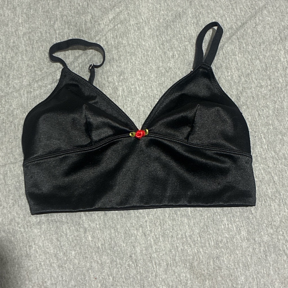 Black Satin Bralette with Rose Detail